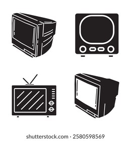 Four stylized black and white icons depicting different vintage television models