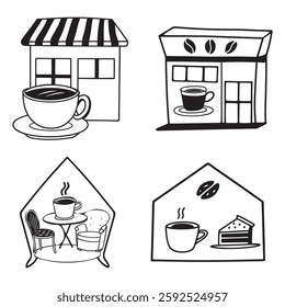 Four stylized black and white illustrations of coffee shops.