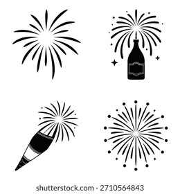 Quatro ilustrações estilizadas em preto e branco de fogos de artifício, incluindo uma garrafa de champanhe e um foguete.