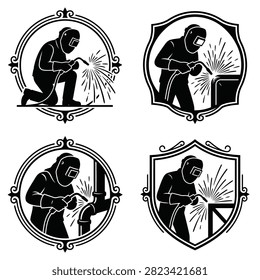 Four stylized black and white illustrations of a welder wearing protective gear and creating sparks while working on metal.