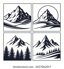 Four Stylized Black and White Mountain Illustrations