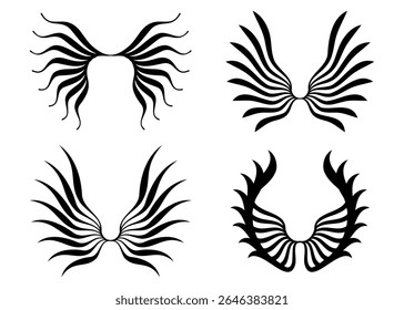 Four stylized black wing designs featuring flowing lines and feather like elements on a white background