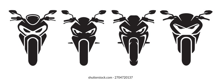 Cuatro Ilustraciones vectoriales estilizadas en blanco y negro de los extremos delanteros de la motocicleta.