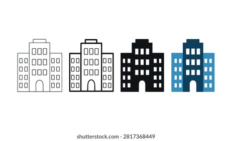 Four stylized building icons displayed in different graphic styles including outline solid black and twotone