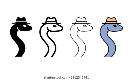 Four stylized cartoon snakes wearing fedora hats in varying colors and shading
