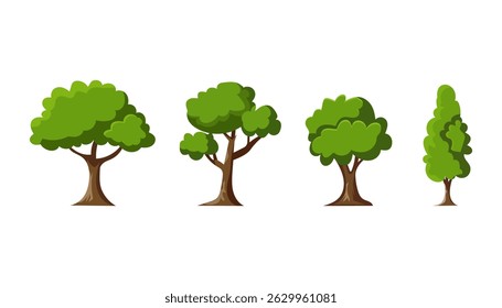 Four stylized cartoon trees, varying in shape and size. Green leaves and brown trunks are shown against a white background. Simple, playful designs.