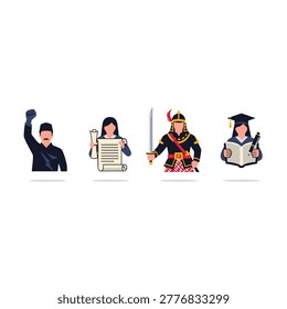 Four stylized characters show a raised fist figure, document holder, armored warrior with sword, and graduate reading a book on a white background.