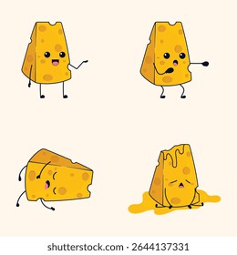 Four stylized cheese slices are depicted in different poses and expressions.  Each slice has a simple cartoon face and body. The slices are yellow with a speckled pattern. 