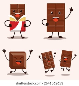 Four stylized chocolate bars, each with animated expressions and poses, displayed in different actions including running, waving, and holding hands. 