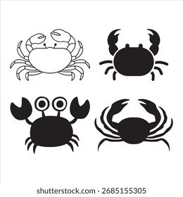 Cuatro ilustraciones de cangrejo estilizadas en blanco y negro con diferentes diseños