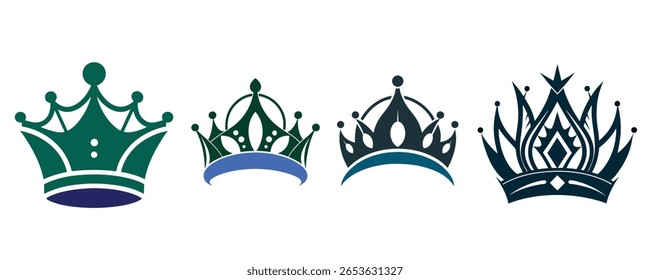 Cuatro coronas estilizadas en diferentes diseños y colores aislados sobre fondo blanco