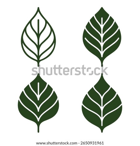 Four stylized dark green leaf icons with white vein patterns on a white background.