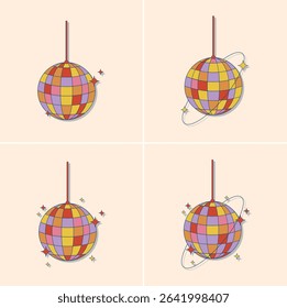 Four stylized disco balls, each depicted with a colorful checkered pattern, hanging from a thin rod.  Each disco ball also has a light-colored orbit with sparkling stars.  