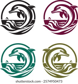 Four stylized dolphin logos with tribal wave patterns and color options for versatile branding uses.
