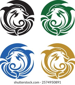 Four stylized dolphin logos with unique color variations for marine, sports, and
environmental brands.
