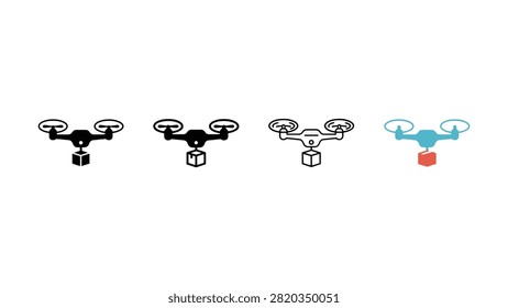 Four stylized drones each carrying a box in transparent background setting
