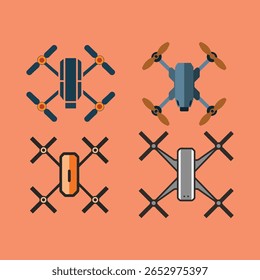 Four stylized drones in various colors and designs quadcopter aerial vehicle