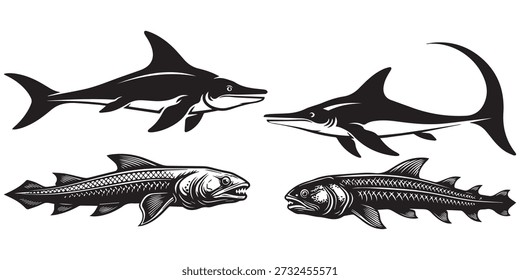 Four stylized fish, shark, swordfish, and prehistoric creatures
