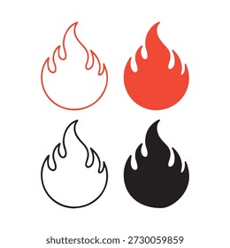 Four stylized flame icons in red black and outline designs