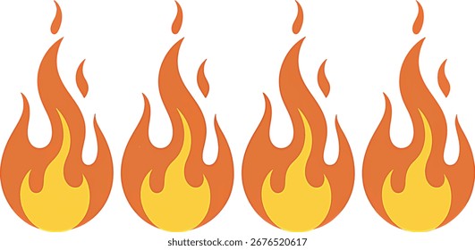Four stylized flames in orange and yellow hues are arranged horizontally on a white background. Scalable vector format suitable for print and digital media.
