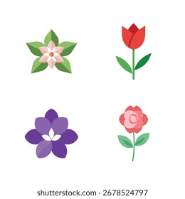 Cuatro flores de diseño plano estilizado en rojo rosa púrpura verde 