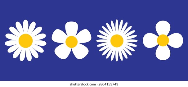 Four stylized flat flower icons with white petals and yellow centers collection botanical illustration decorative ornamental isolated minimalist graphics flowerhead colorful