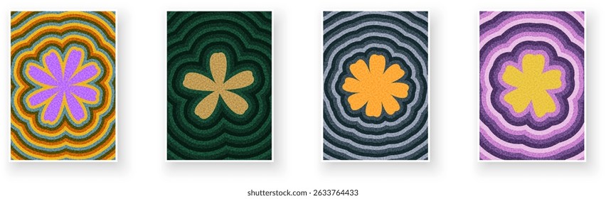 Four stylized flower designs with bold, colorful ripple backgrounds. Ideal for retro or modern design themes.