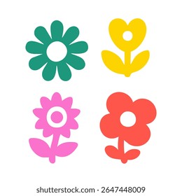 Four stylized flowers in teal, yellow, pink, and coral
