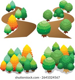 Four stylized forest scenes with winding paths and various tree types.