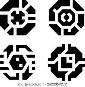 Four stylized, geometric shapes, outlined in black, create a bold and modern design.