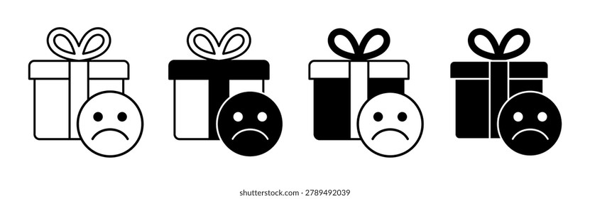 Four stylized gift boxes, each with a sad frowning face, are arranged in a horizontal row on a blank white background.