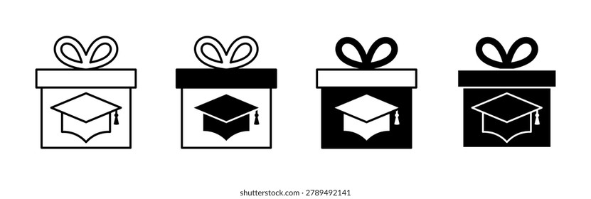 Four stylized gift boxes each featuring a graduation cap and ribbon on top, shown in alternating black and white outlines. The caps are depicted both upright and inverted within the boxes.