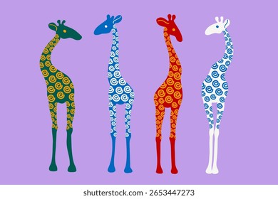 Four stylized giraffes in bold geometric shapes. High-contrast vibrant color palette. Abstract wildlife art, flat design. Perfect for prints, nursery decor. Isolated.