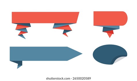 Four stylized graphic design elements featuring banners ribbon tags and stickers in coral and slate blue