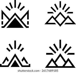 Four stylized graphic designs featuring mountain silhouettes with stylized sunrise.
