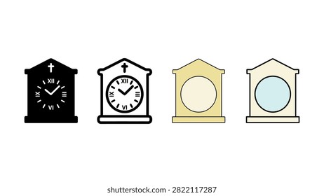 four stylized graphic icons of a tabletop clock with a christian cross on top displayed in different artistic styles
