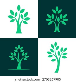 Cuatro ilustraciones verdes estilizadas del árbol con las hojas en los fondos blancos y verdes oscuros