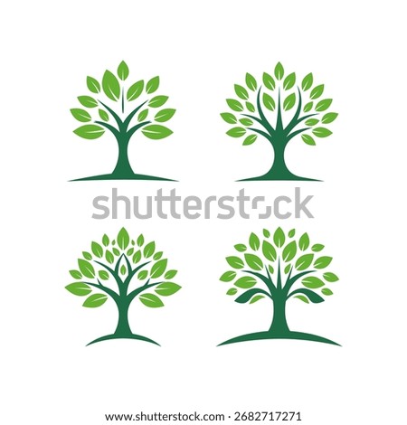 Four stylized green tree logos, nature icons.