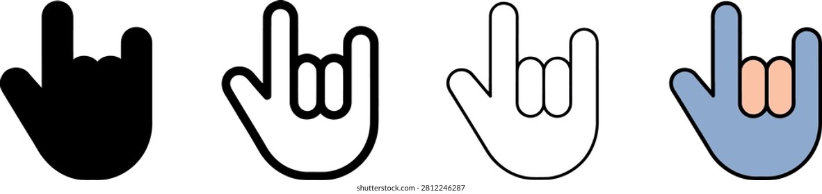 four stylized hand icons showing the rockandroll metal sign in different graphic styles including solid filled and outline versions