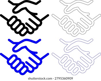 Four stylized handshake icons in different line styles and colors