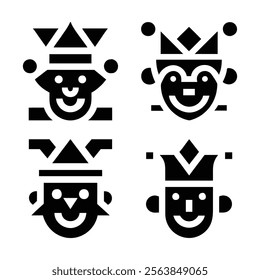 Four stylized, happy clown faces with crowns.