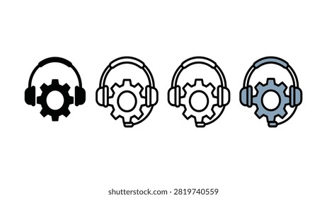 Four stylized headphones icons featuring gear symbols in varying shades of black and gray