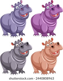 Four stylized hippos with cheerful expressions.