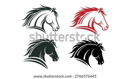 Four stylized horse head designs are presented, varying in color and slight pose alterations.