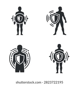 Four stylized human figures each holding a shield symbol representing protection and defense