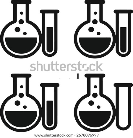 Four stylized icons of laboratory flasks and test tubes, depicting chemical experiments and scientific research in a clean, minimalist style.
