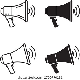 Cuatro iconos estilizados de un megáfono, dos en contorno y dos en negro sólido, que emiten ondas de sonido.