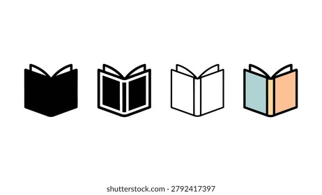 Four stylized icons of open books in various artistic representations on a white background