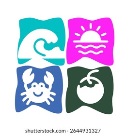 Four stylized icons, possibly for a seaside or seafood-themed business.  Ocean wave, sunset, crab, and tomato.  Abstract, playful shapes in turquoise, magenta, teal blue, and dark green.  Flat design