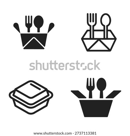 Four stylized icons representing takeout food containers and cutlery in various abstract designs.